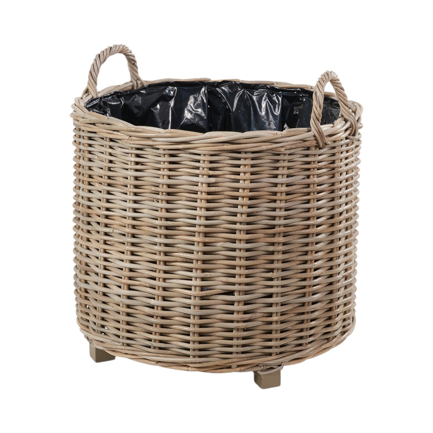 Grey Kubu rattan round planters wooden base protective liner UK cottage garden style