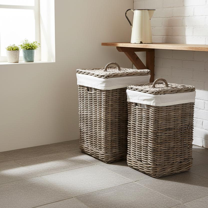 Grey Kubu square laundry baskets with lids utility room corner UK rustic storage
