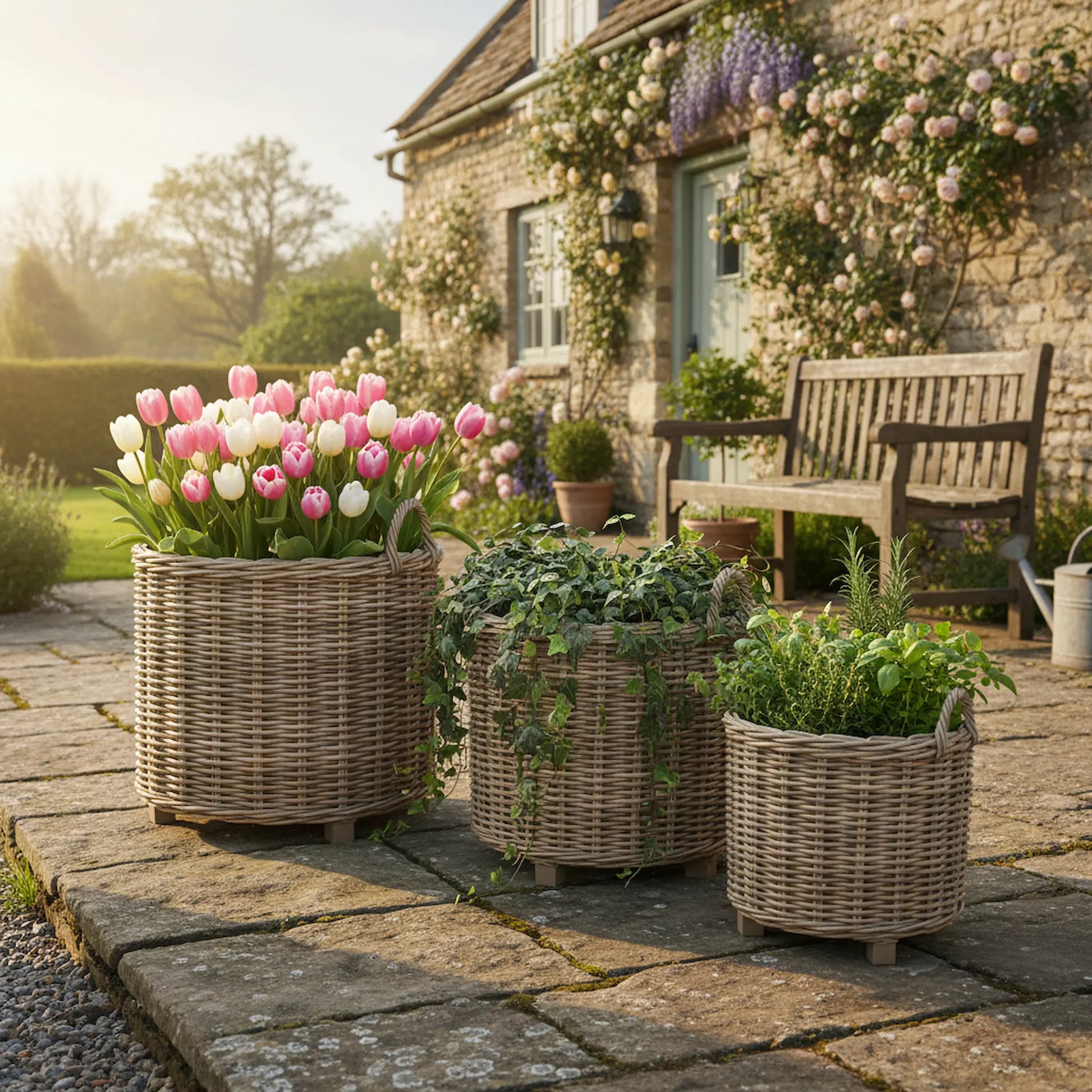 Grey rattan planters spring tulips cottage patio stone walls English countryside garden