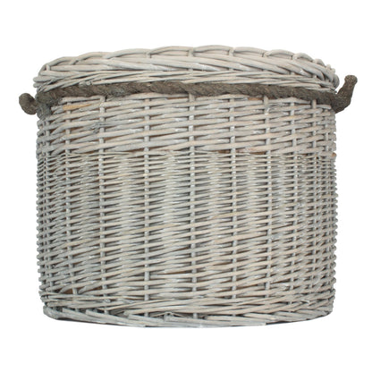 Grey wash log basket Scandi living room wood stove neutral tones UK