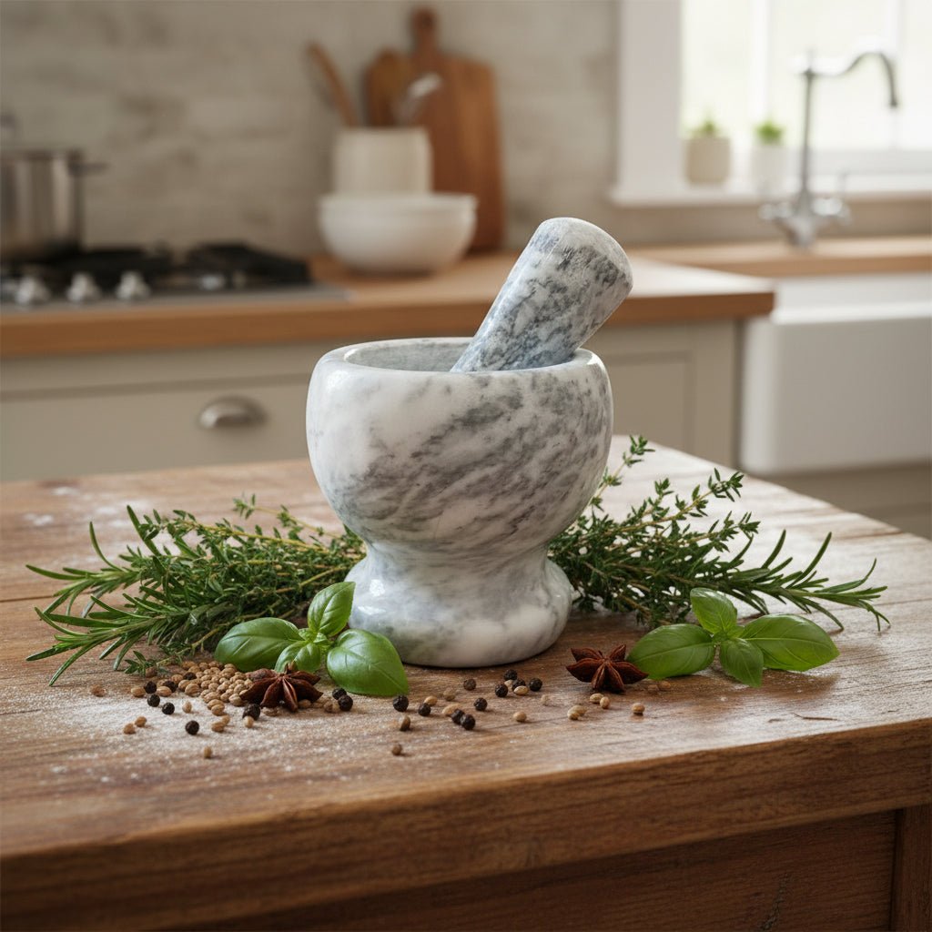 Grey-white marble pestle and mortar on rustic kitchen table surrounded by herbs and spices