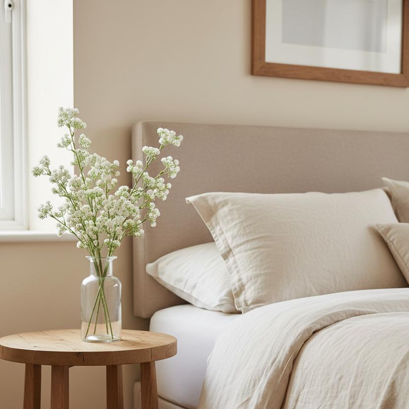 Gypsophila stems bedside table bedroom styling UK country home decor