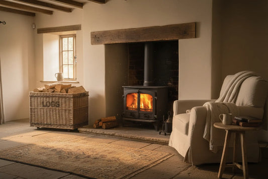 Handwoven wicker log basket wheels carrying storing firewood beside hearth cottage living