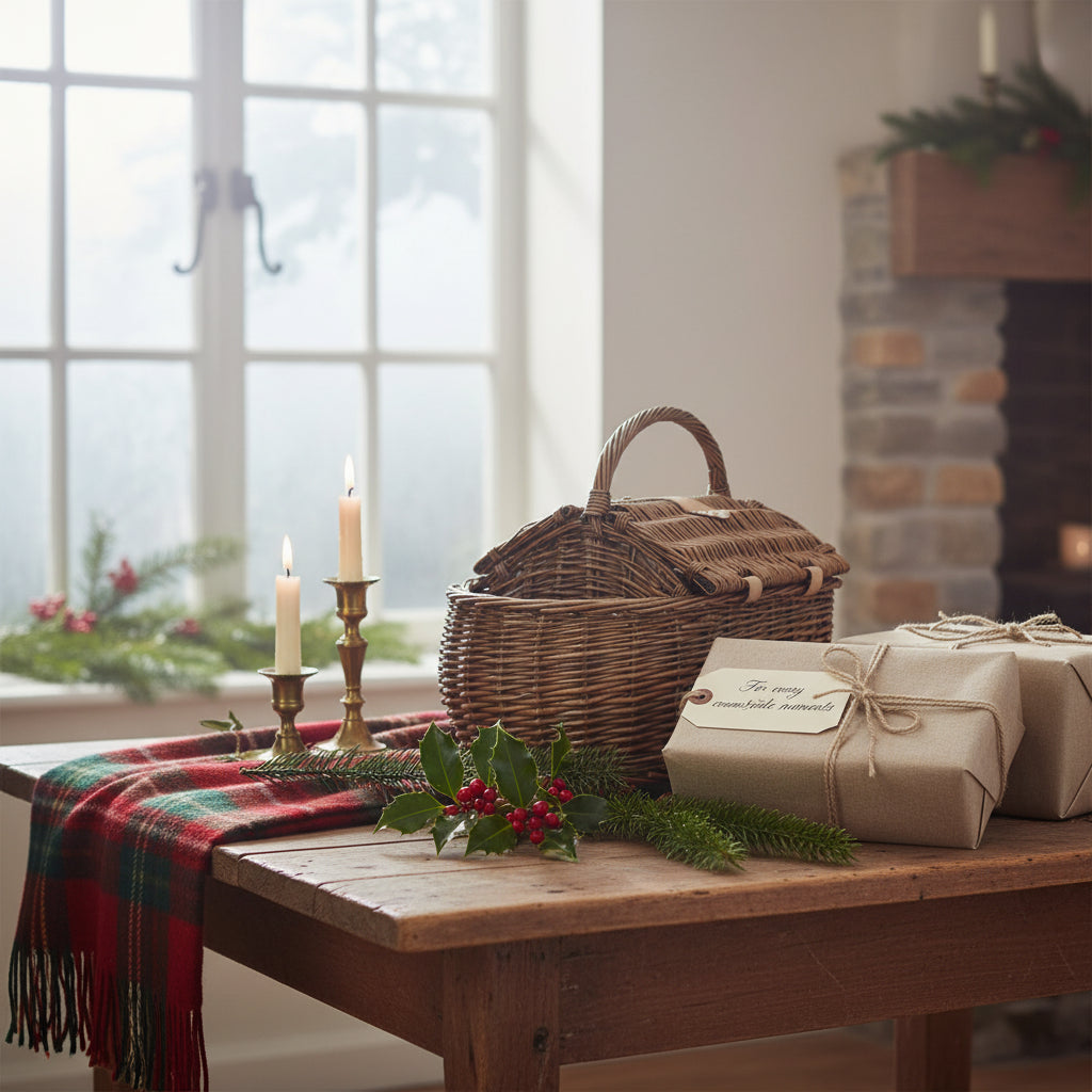 Harbour Hamper boat shaped wicker picnic basket displayed on festive table as Christmas gift