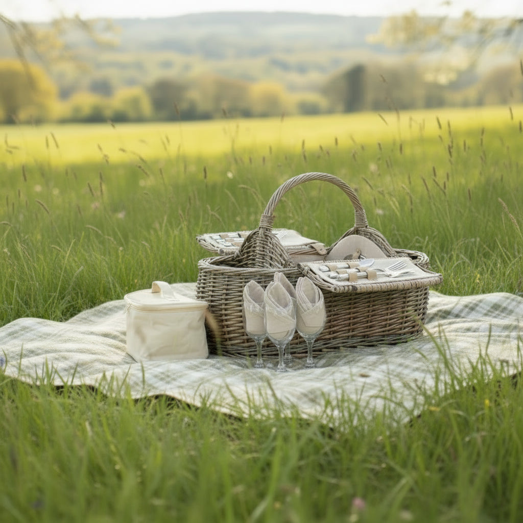 Harbour Hamper boat shaped wicker picnic basket on blanket in grassy field countryside scene