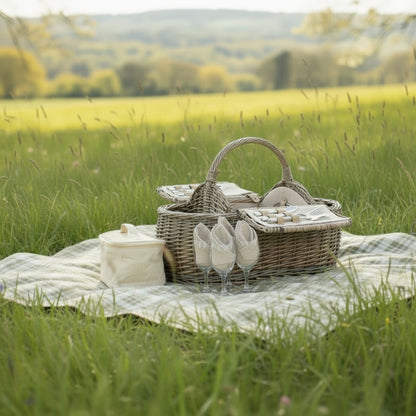 Harbour Hamper boat shaped wicker picnic basket on blanket in grassy field countryside scene