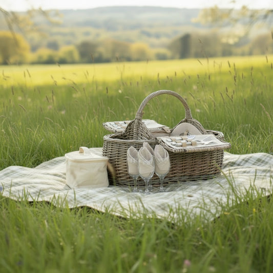 Harbour Hamper boat shaped wicker picnic basket on blanket in grassy field countryside scene