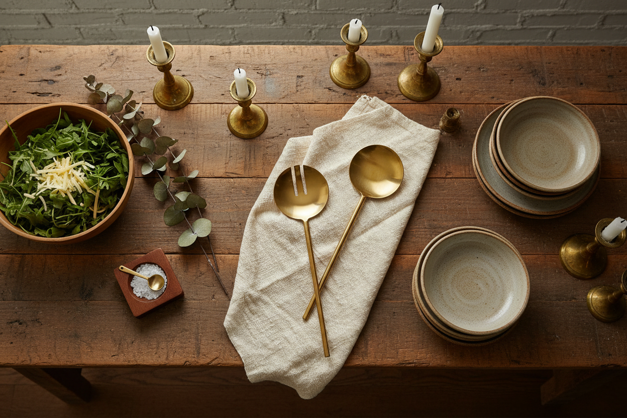Gold salad servers displayed on a rustic farmhouse table