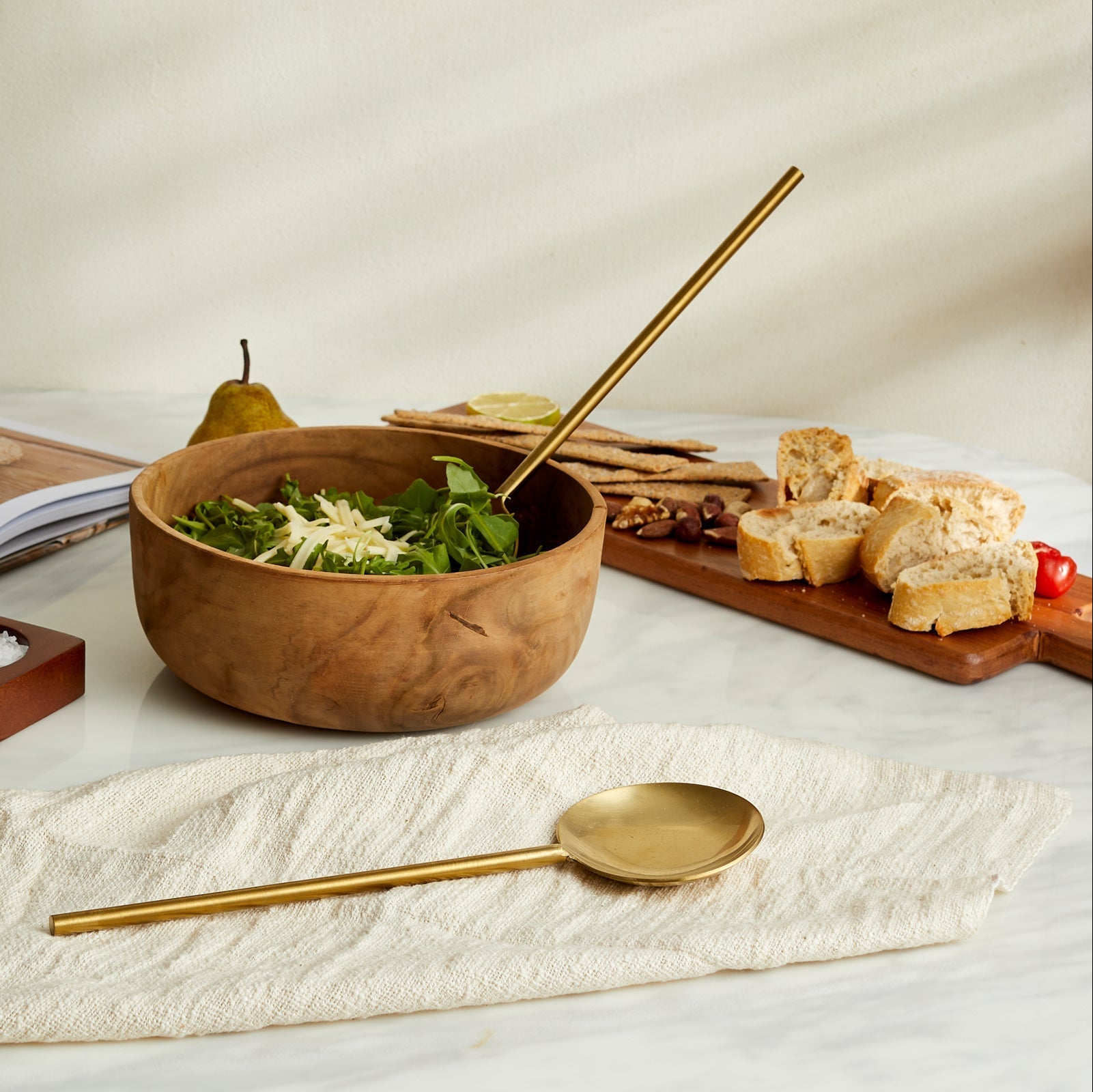 Harriet matte gold servers table setting salad bowl bread board UK