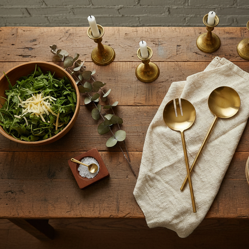 Harriet matte gold salad servers farmhouse table lifestyle styling UK