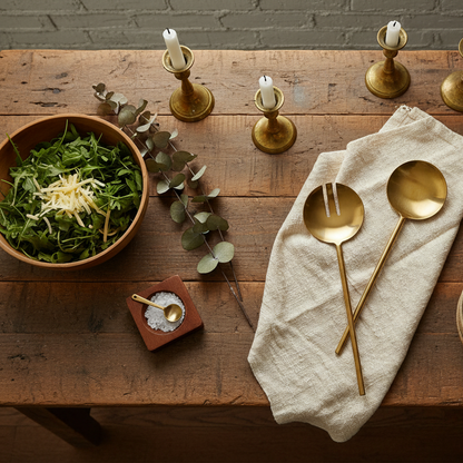 Harriet matte gold salad servers farmhouse table lifestyle styling UK