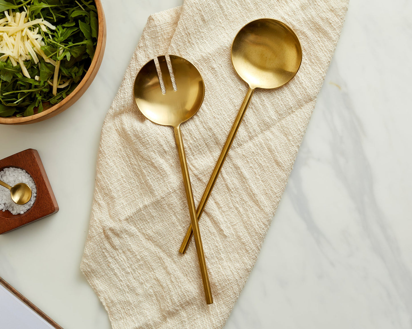 Harriet matte gold salad servers napkin salt dish countryside table UK