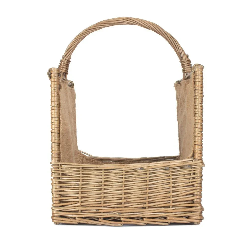 Side profile antique wash wicker log basket curved handle fabric lining UK