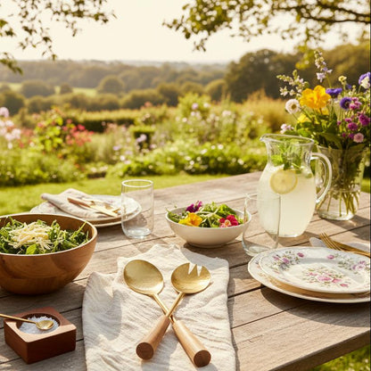 Gold hammered salad servers summer alfresco dining countryside table UK