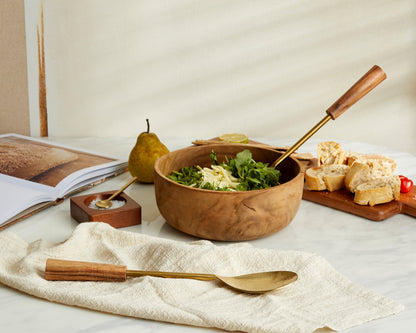 Harvington salad server set hand-forged hammered gold steel acacia UK