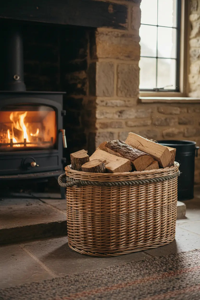 Oval wicker log basket rope handles front of wood burning stove cottage fireside UK