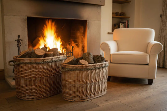 Oval wicker log baskets rope handles cottage fireplace wood burner fireside storage UK
