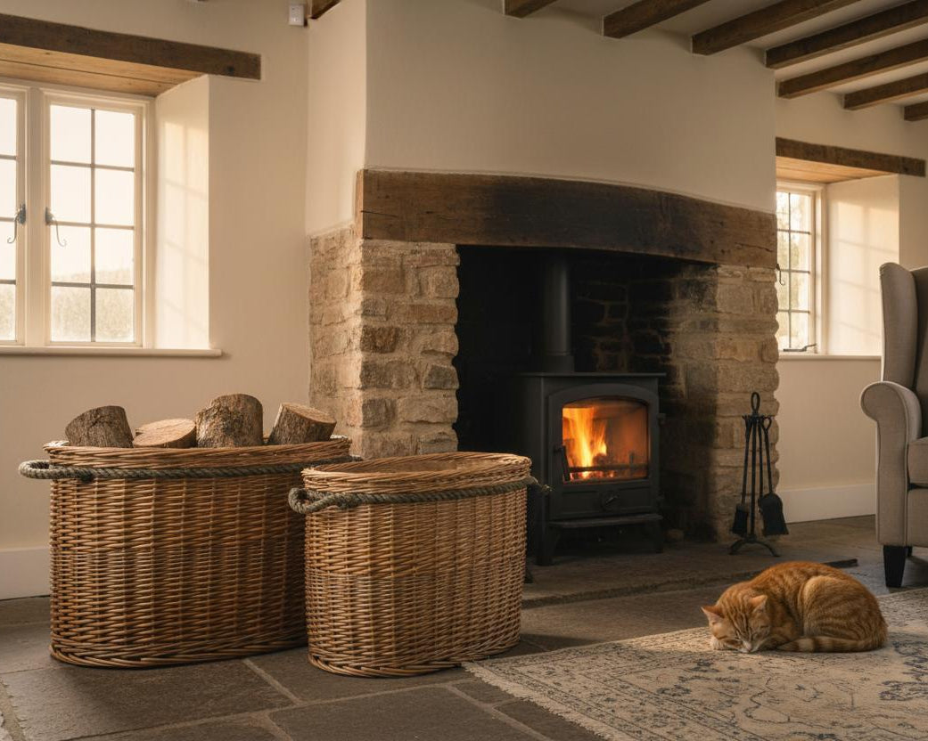 Oval wicker log basket rope handles front of wood burning stove cottage fireside UK

