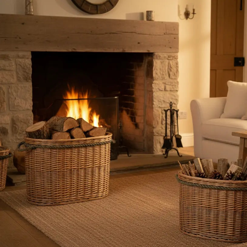 Set two oval wicker log baskets rope handles cosy cottage sitting room fireside UK
