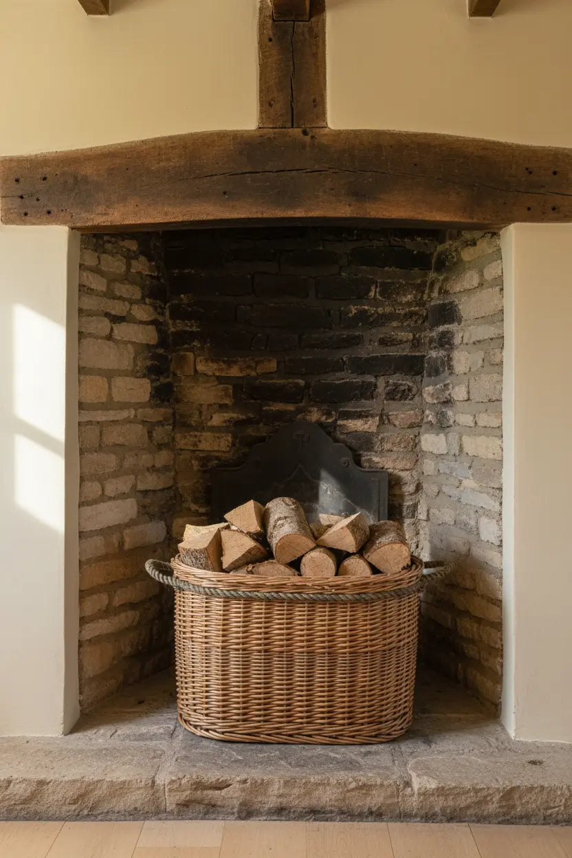Small oval wicker log basket rope handles period property inglenook fireplace UK

