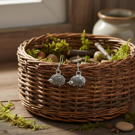 Hedgehog drop earrings on wicker basket woodland nature lover gift UK