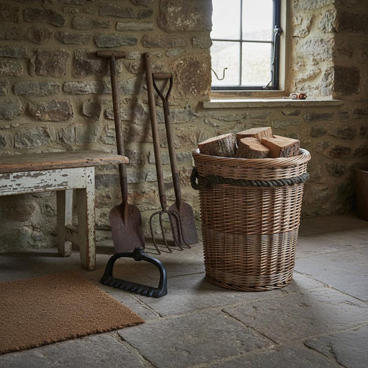 Tall wicker log basket rope handles rustic stone outbuilding farmhouse countryside storage UK