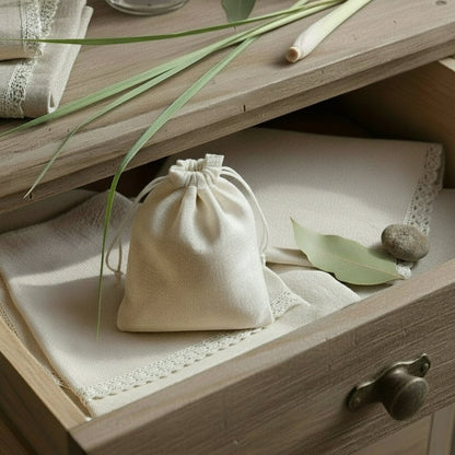 cotton muslin drawstring bag in a wooden drawer with green leaves and linen 