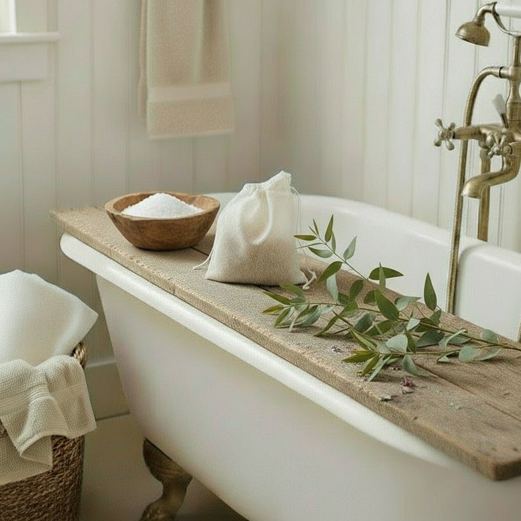 Herbal scent sachet on bath board with Epsom salts and sprigs in farmhouse country bathroom