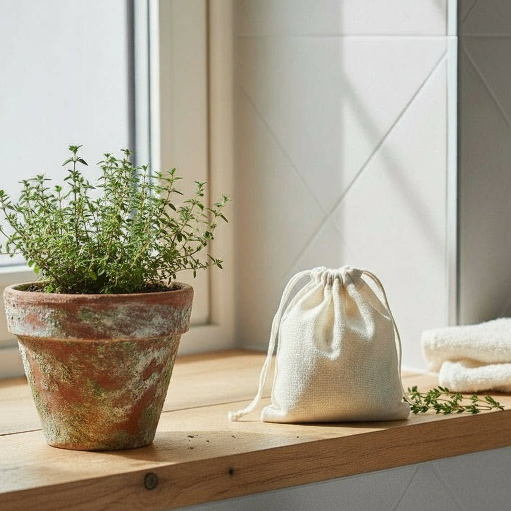 Potted plant and drawstring bag on a windowsill with light background