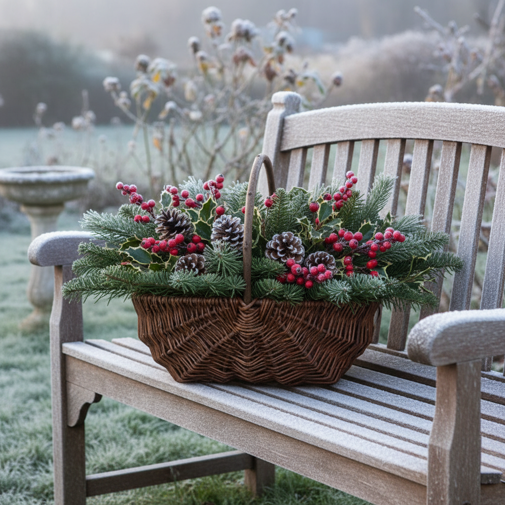 Garden trug willow frosted bench evergreen branches pine cones UK