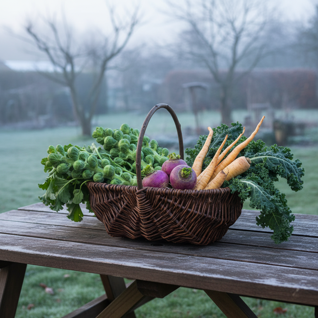 Garden trug willow picnic bench sprouts turnips frosty morning UK