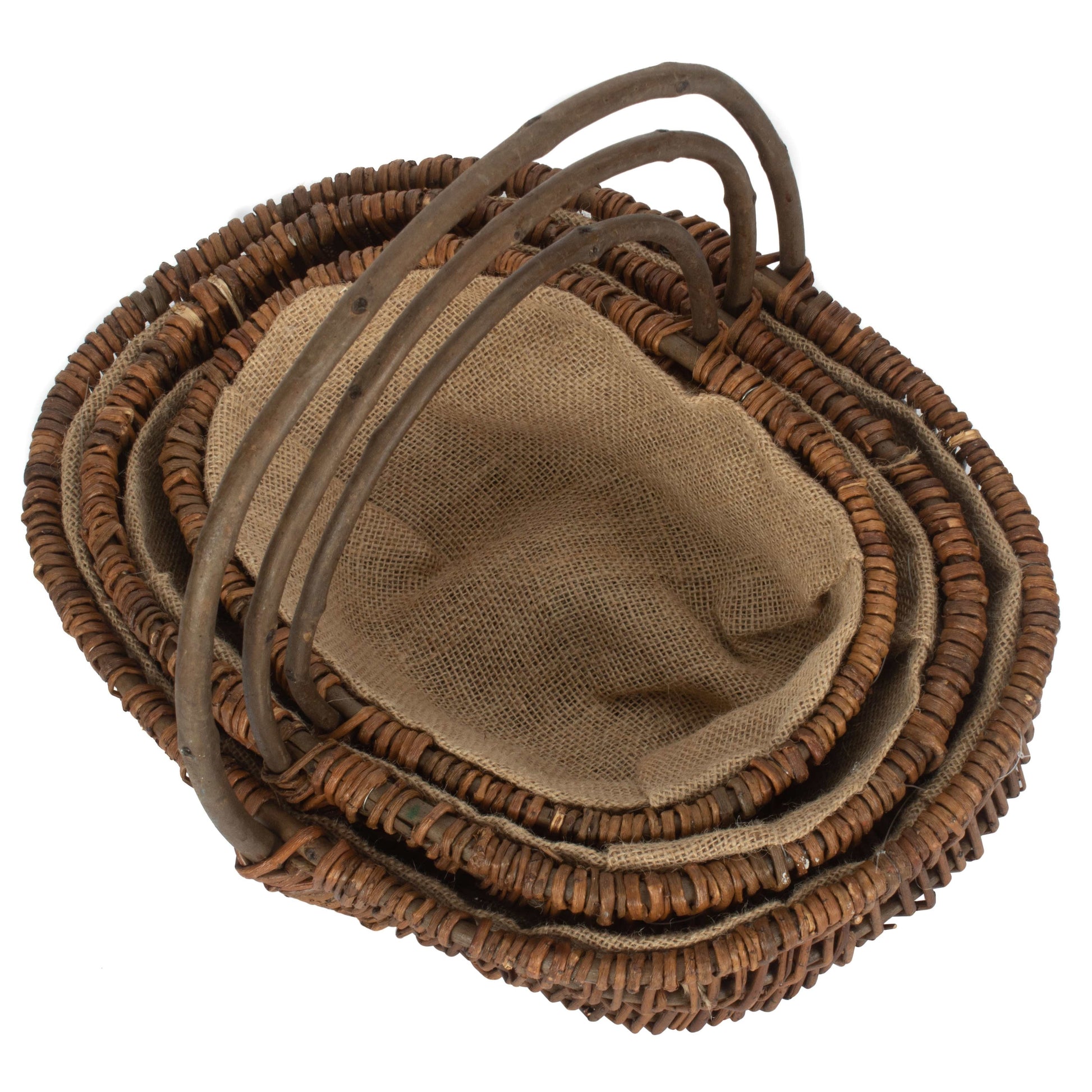 Three garden trugs oval unpeeled willow nested countryside UK