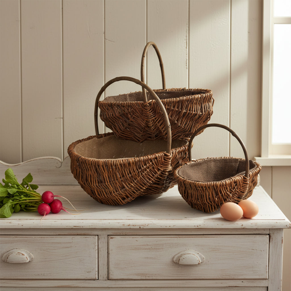 Garden trug unpeeled willow radishes eggs cottage harvest UK