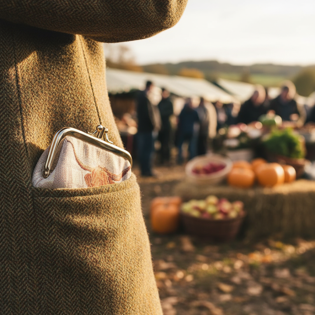 Highland Cow Frame Purse tucked in coat pocket at country autumn market