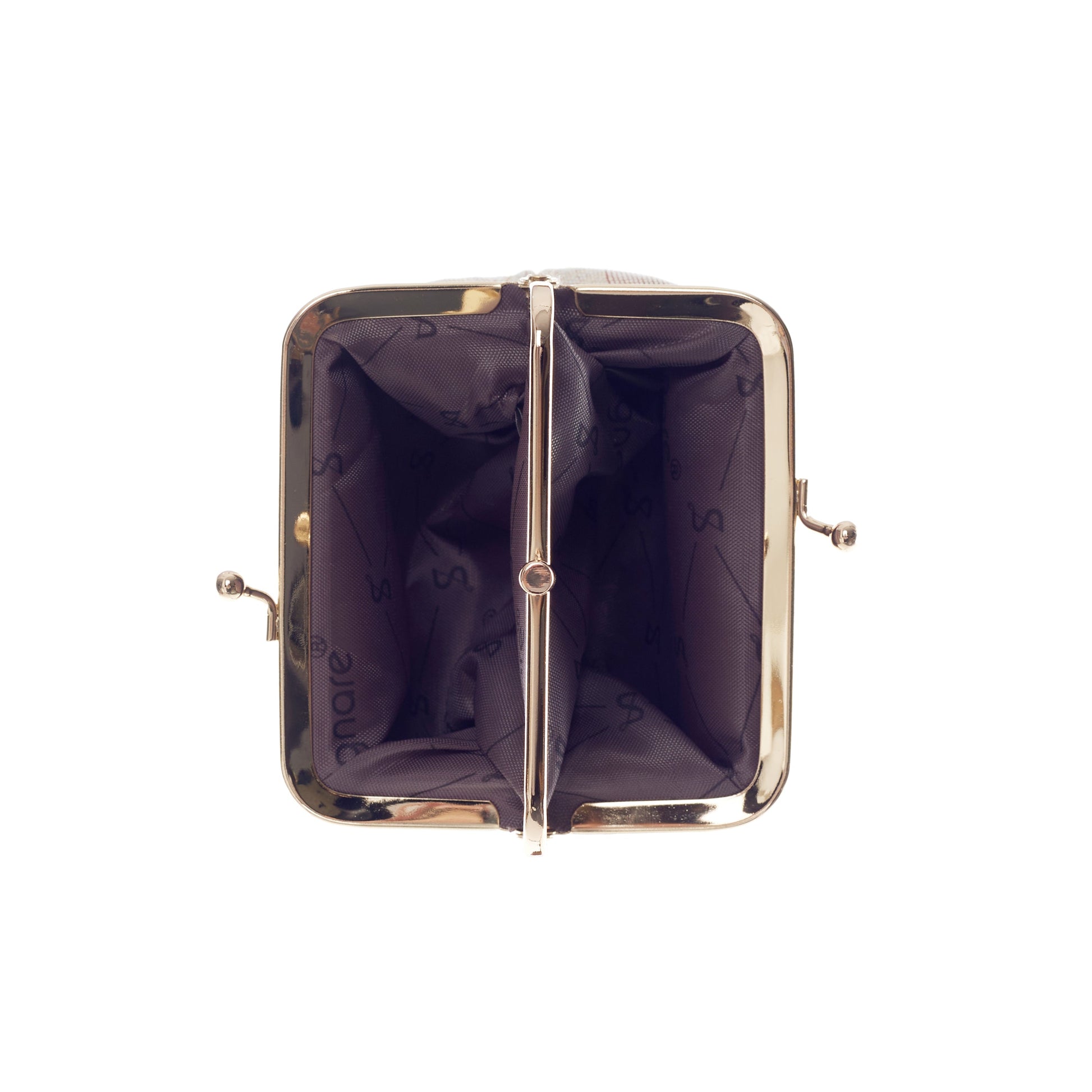 Inside view of Highland Cow Frame Purse showing double clasp compartments and patterned lining