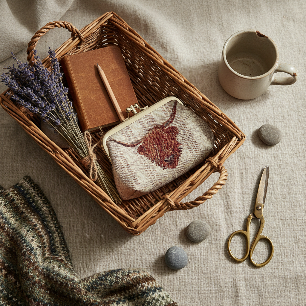 Highland Cow Frame Purse in wicker basket with lavender pad on rustic tabletop