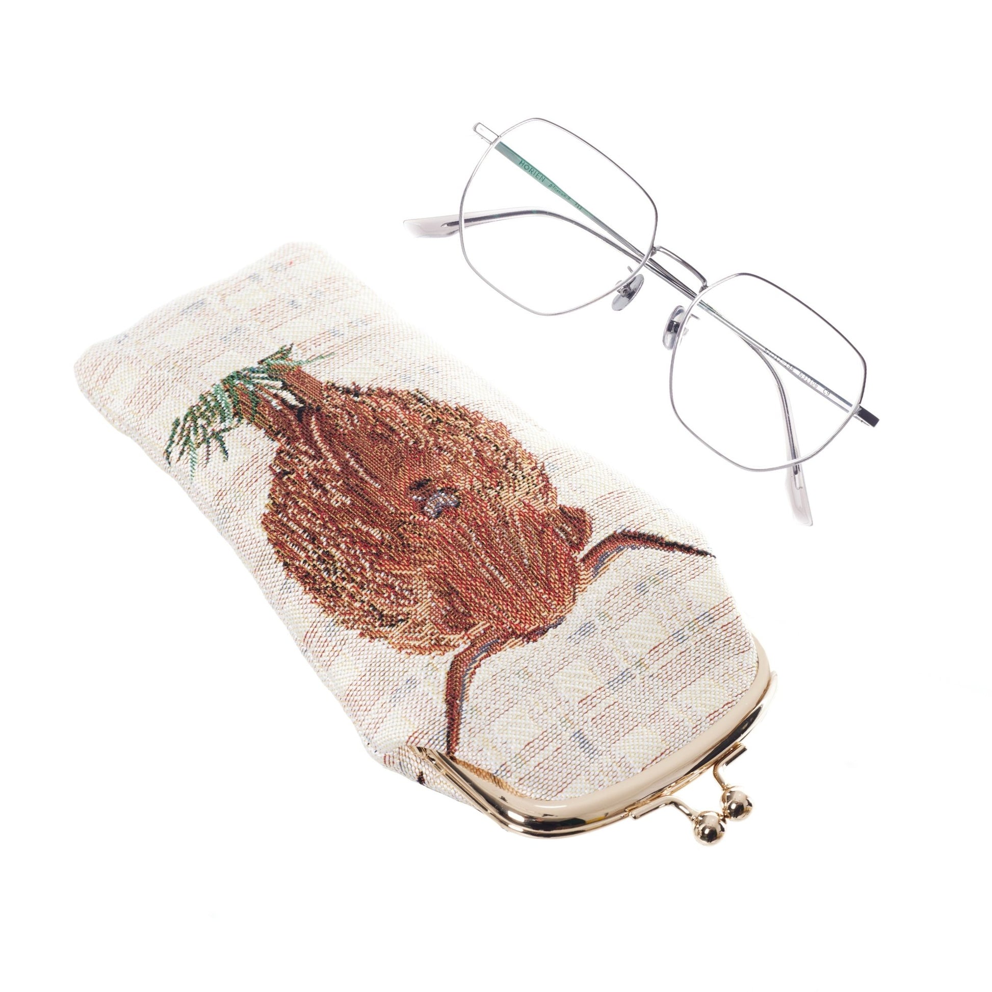 Highland Cow tapestry glasses pouch in multicolour with clasp, laid flat to show rustic woven texture and countryside-inspired design