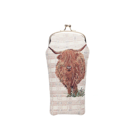 Highland Cow tapestry glasses pouch in multicolour with clasp, shown on blank background, rustic style for countryside charm