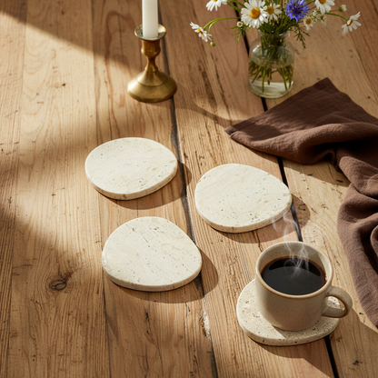 Handcrafted travertine stone coasters UK set of 4 with organic irregular shapes natural veining