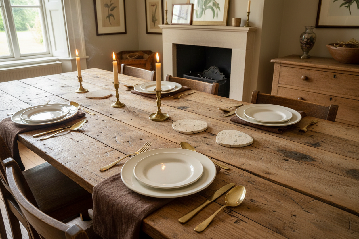 Heritage travertine coasters styled on countryside dining table UK timeless homeware elegance