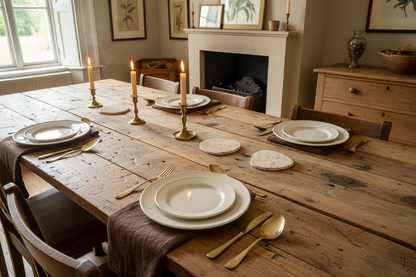 Heritage travertine coasters styled on countryside dining table UK timeless homeware elegance