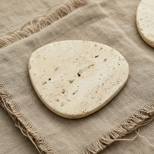 Artisan travertine coaster close-up showing unique organic shape natural stone veining texture