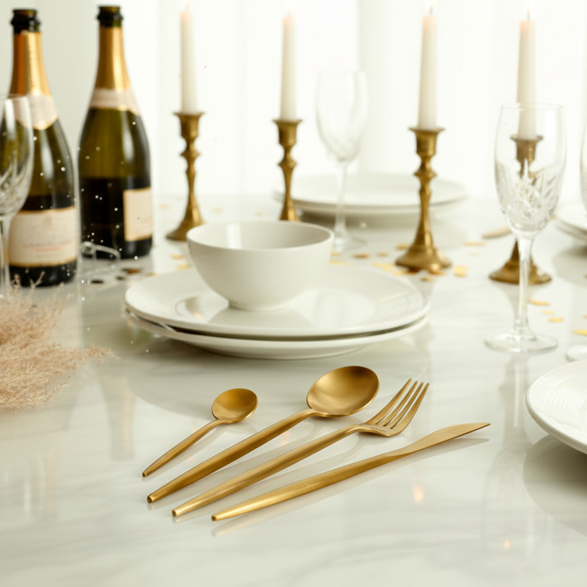 Gold cutlery set champagne crystal glasses candle holders UK celebration dining
