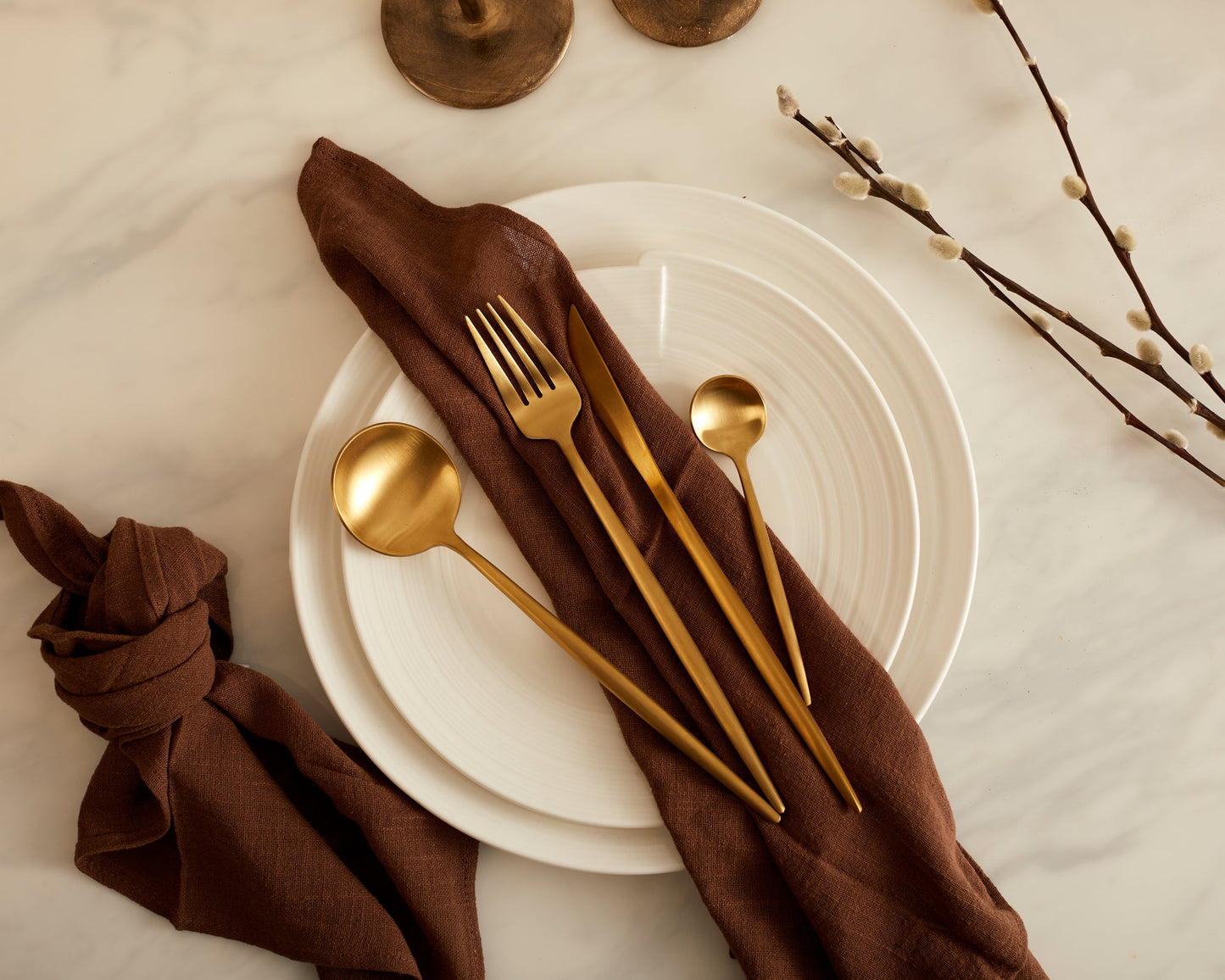 Gold cutlery set white plate organza napkin willow branch UK heritage tableware

