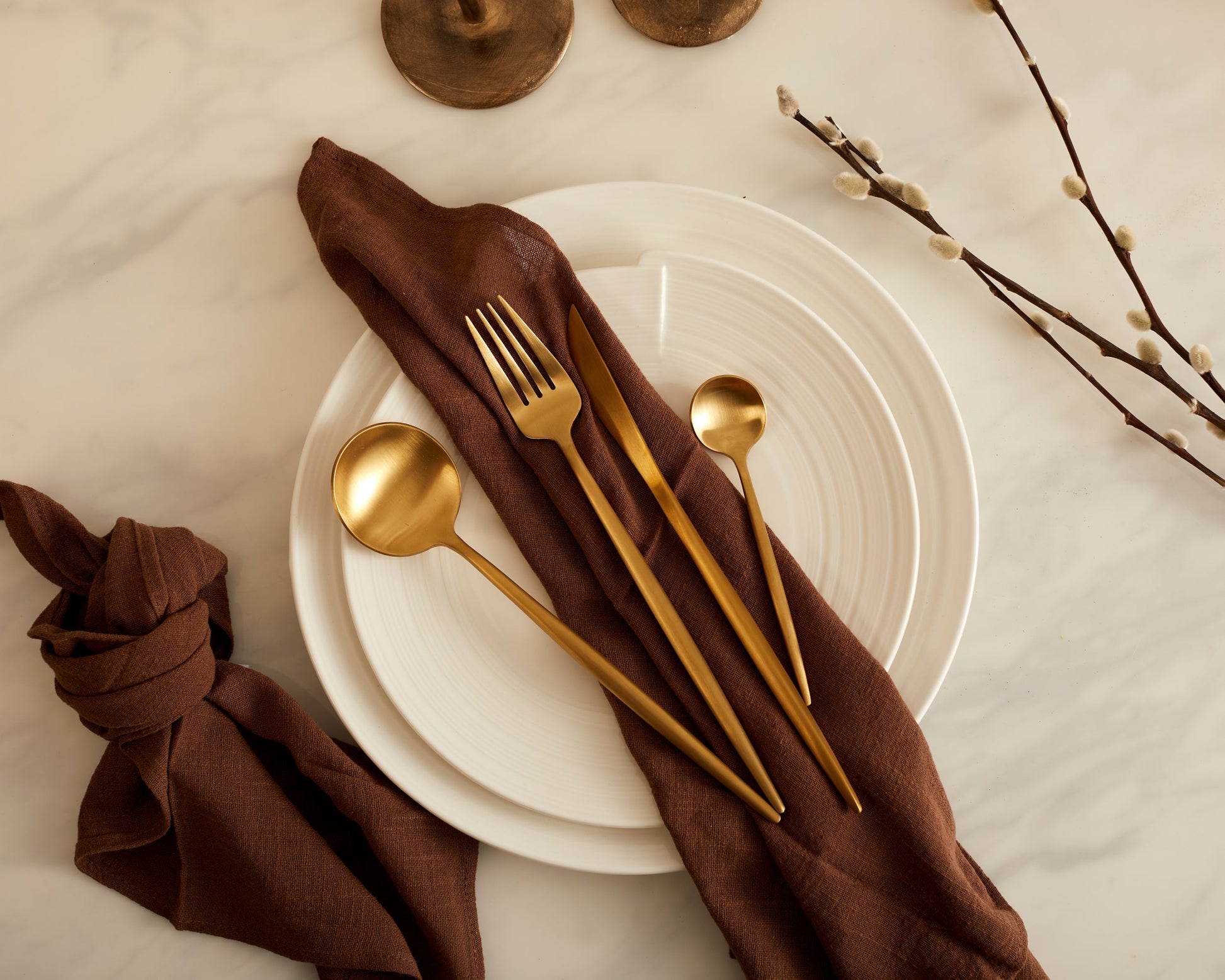 Gold cutlery set white plate organza napkin willow branch UK heritage tableware
