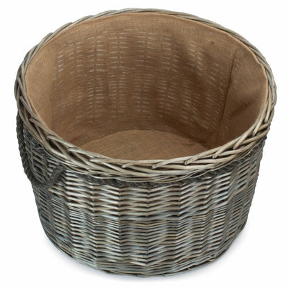 Large round antique wash log basket handwoven wicker fireside UK