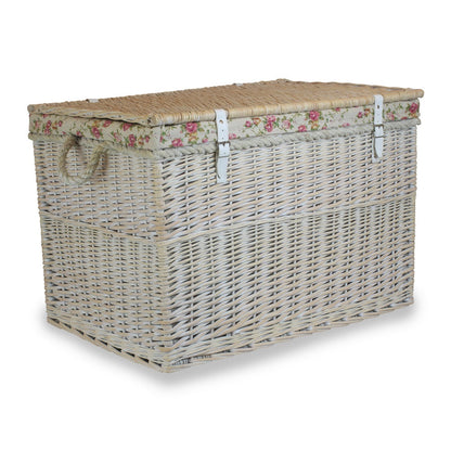 Large whitewash wicker basket with floral rose lining and lid - Edith UK