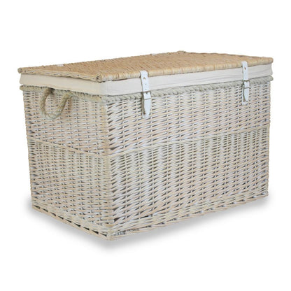 Large whitewash wicker storage basket with white lining open - The Edith UK
