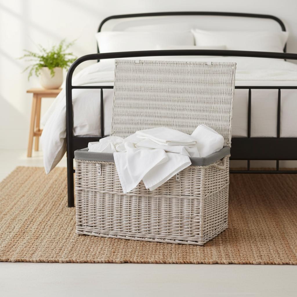 Large whitewash wicker basket with bed linens in cottage bedroom - Edith UK