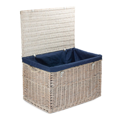 Large whitewash wicker basket blue lining  - Edith UK